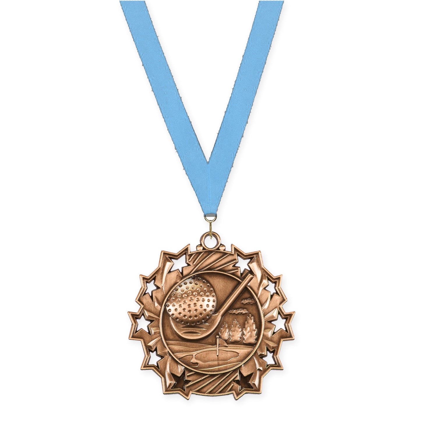 2 1/4 inch golf Ten Star medal in antique bronze with Light Blue neck ribbon