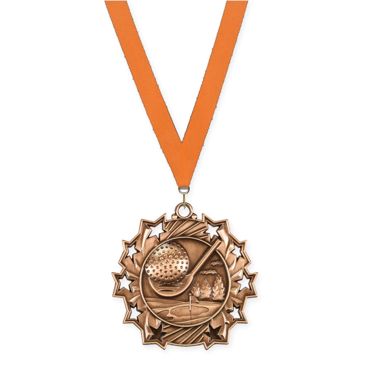 2 1/4 inch golf Ten Star medal in antique bronze with Orange neck ribbon