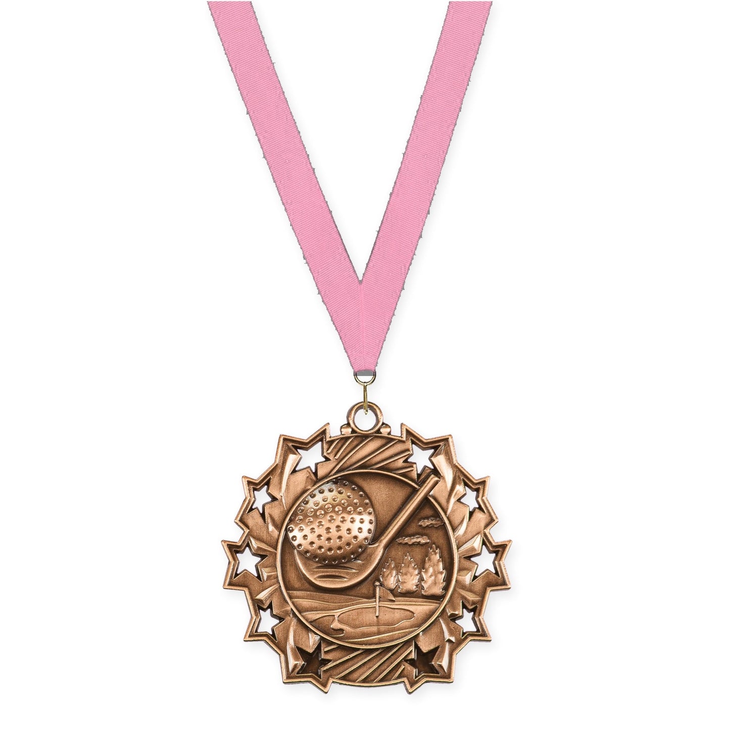 2 1/4 inch golf Ten Star medal in antique bronze with Pink neck ribbon