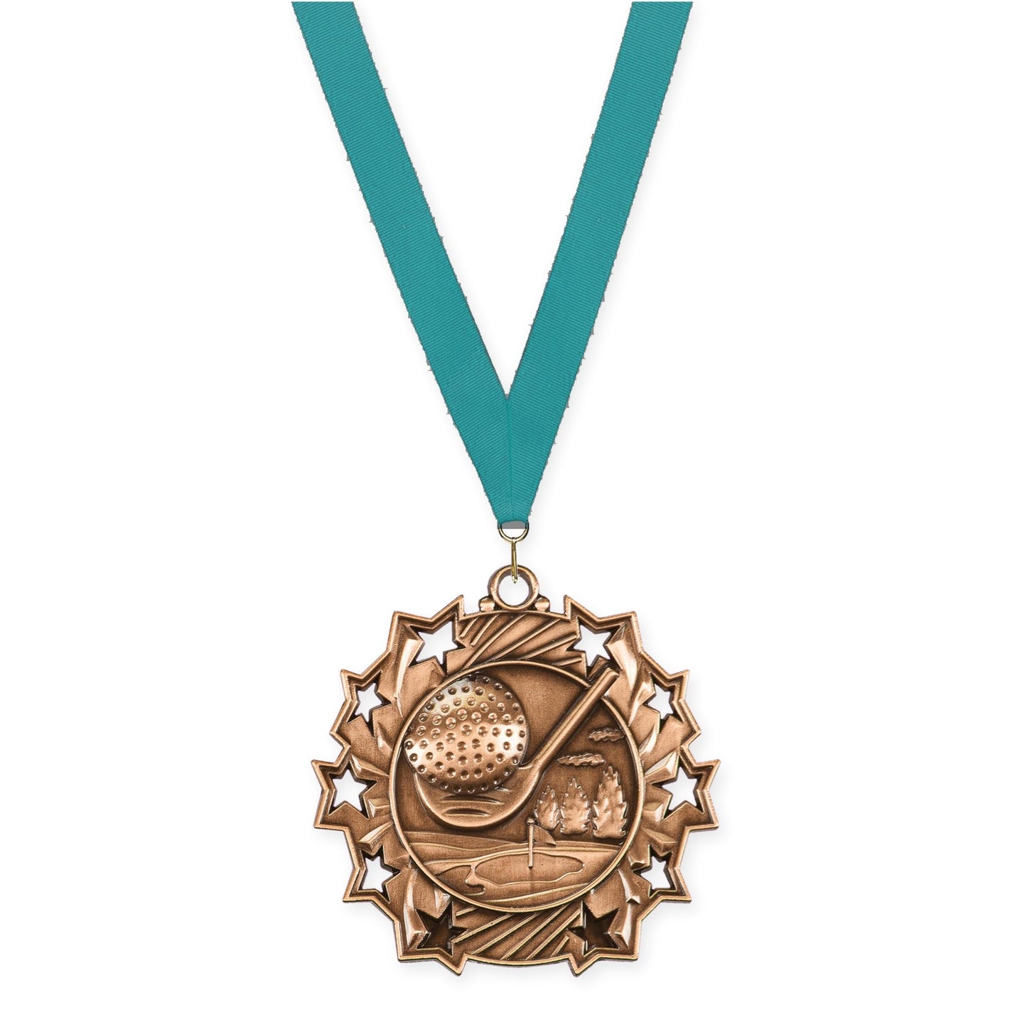 2 1/4 inch golf Ten Star medal in antique bronze with Teal neck ribbon