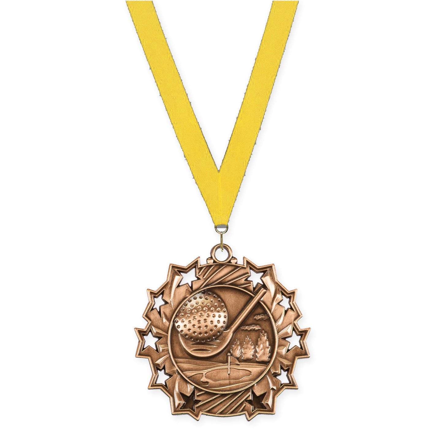 2 1/4 inch golf Ten Star medal in antique bronze with Yellow neck ribbon