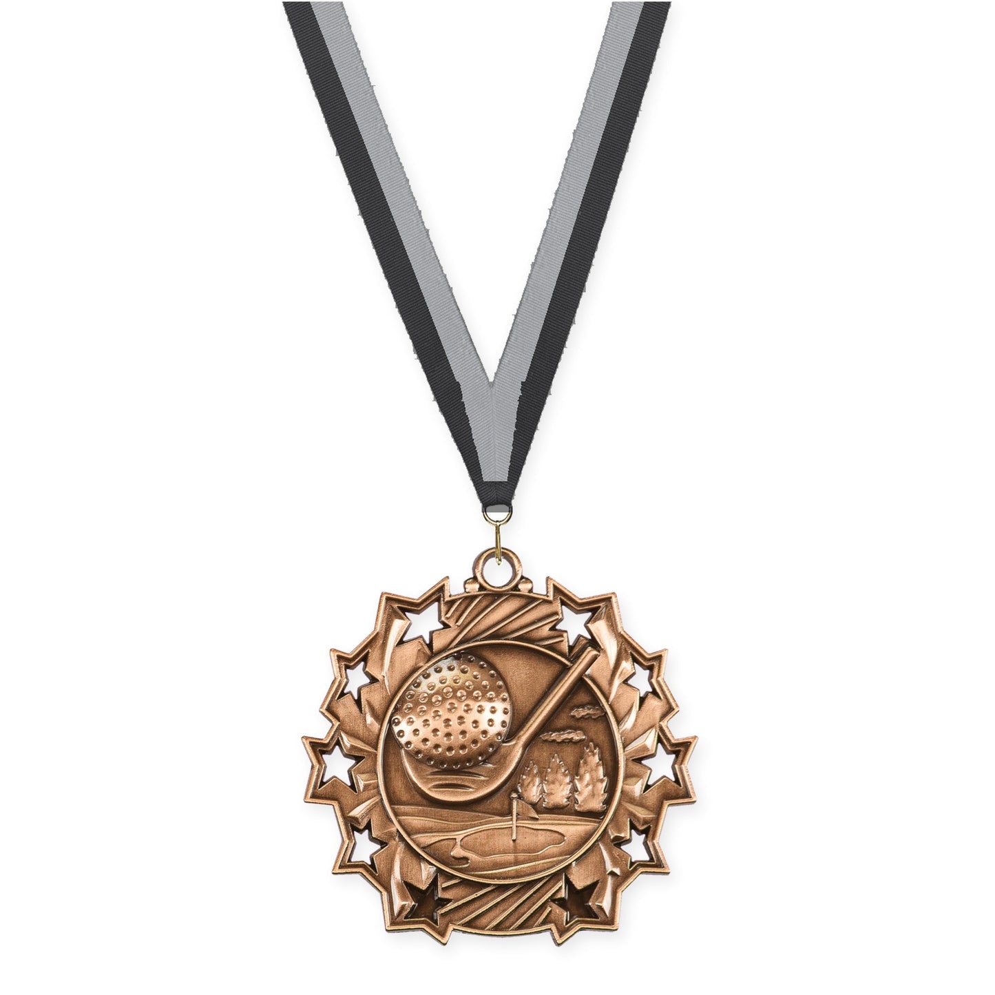 2 1/4 inch golf Ten Star medal in antique bronze with Black Gray neck ribbon