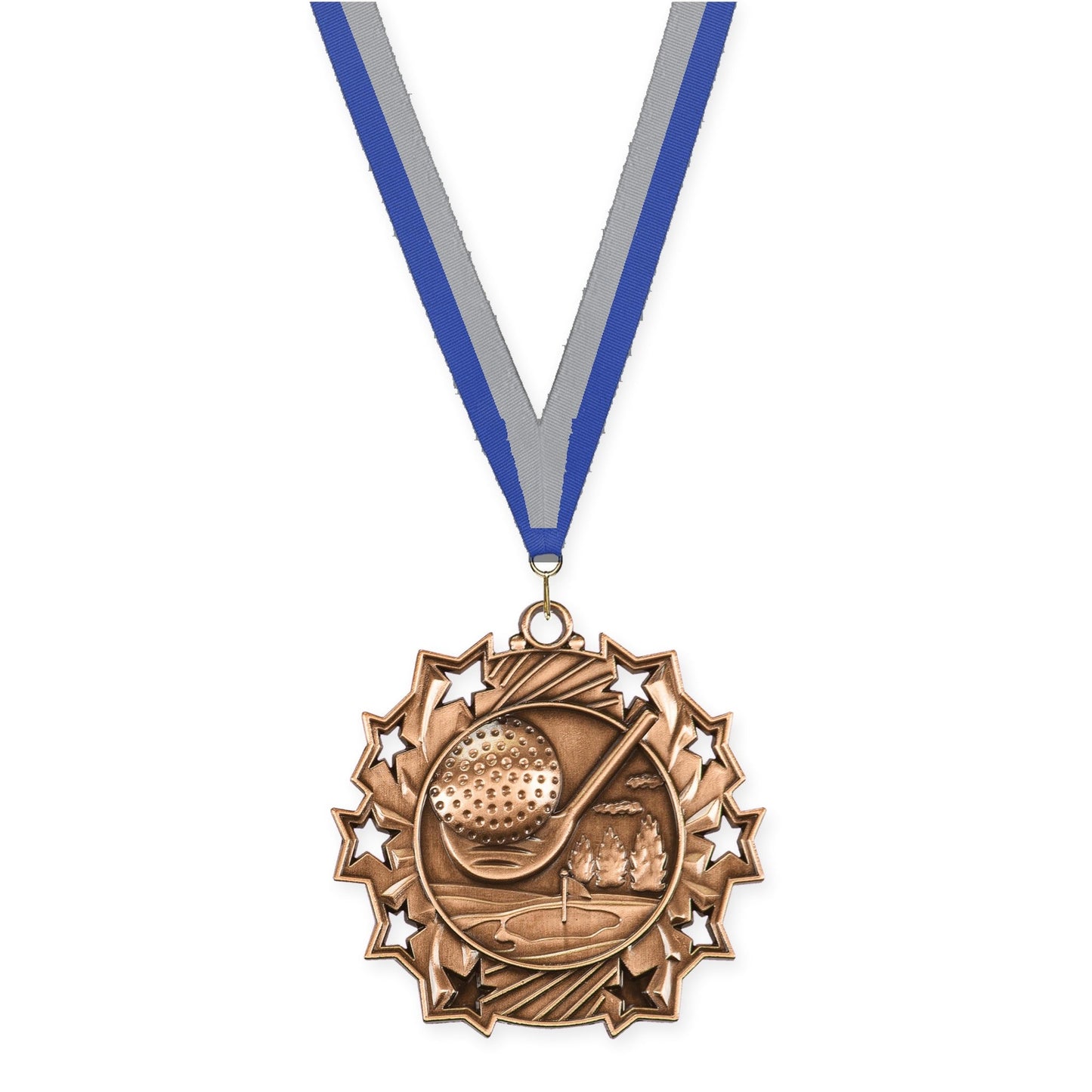 2 1/4 inch golf Ten Star medal in antique bronze with Blue Gray neck ribbon