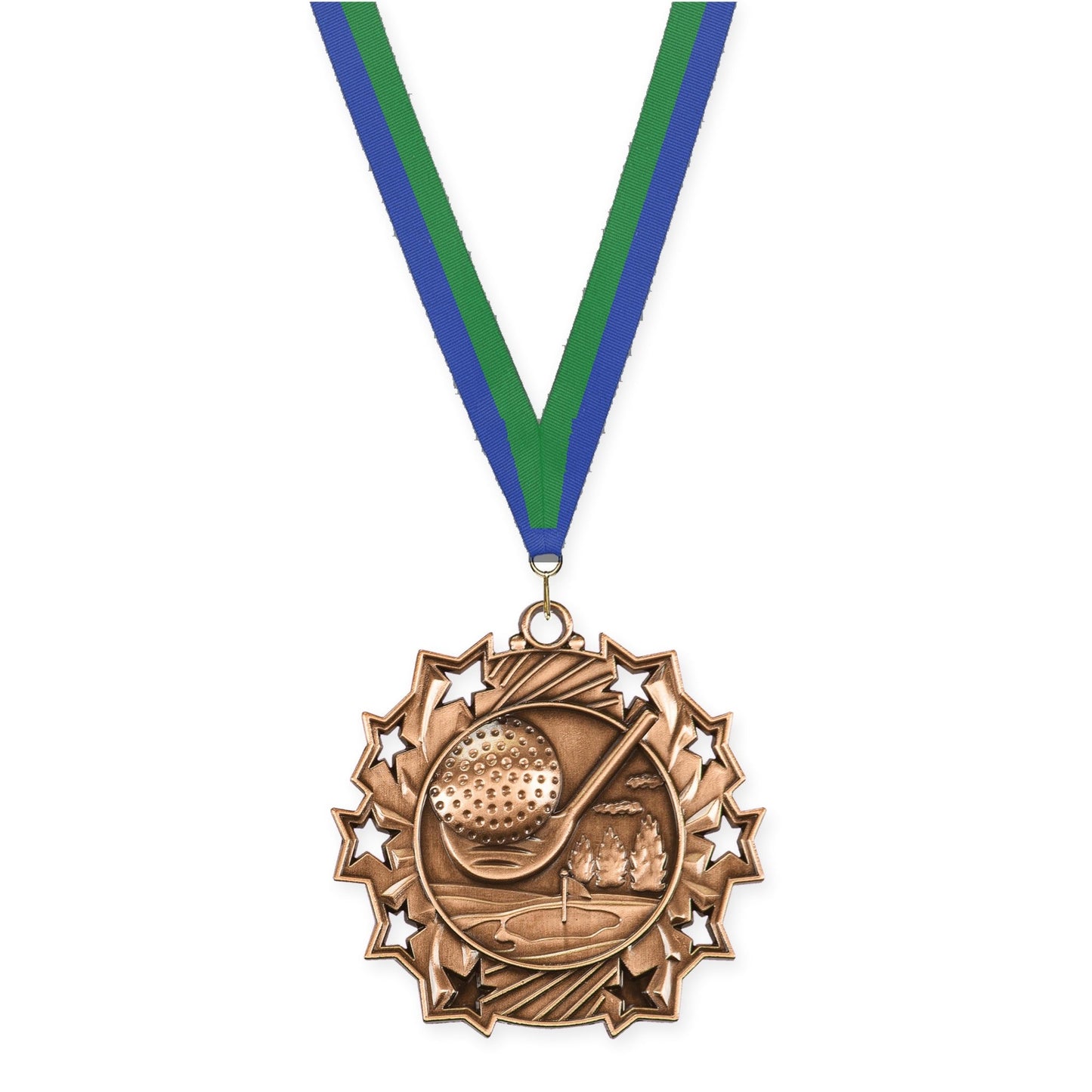 2 1/4 inch golf Ten Star medal in antique bronze with Blue Green neck ribbon