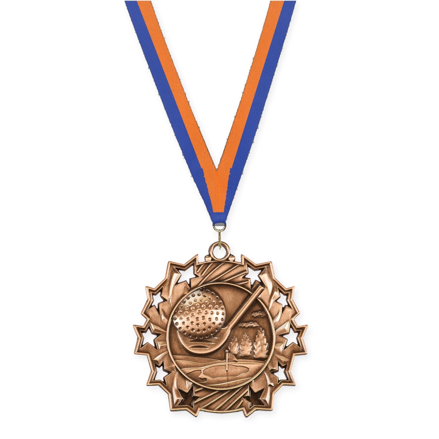 2 1/4 inch golf Ten Star medal in antique bronze with Blue Orange neck ribbon
