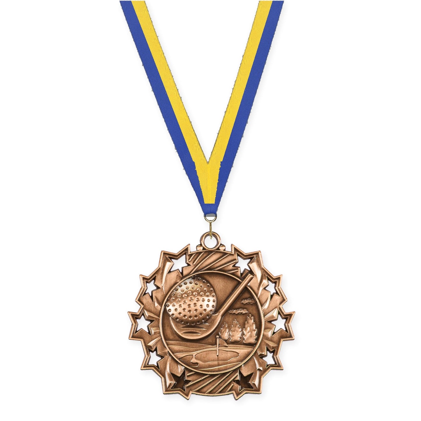 2 1/4 inch golf Ten Star medal in antique bronze with Blue Yellow neck ribbon