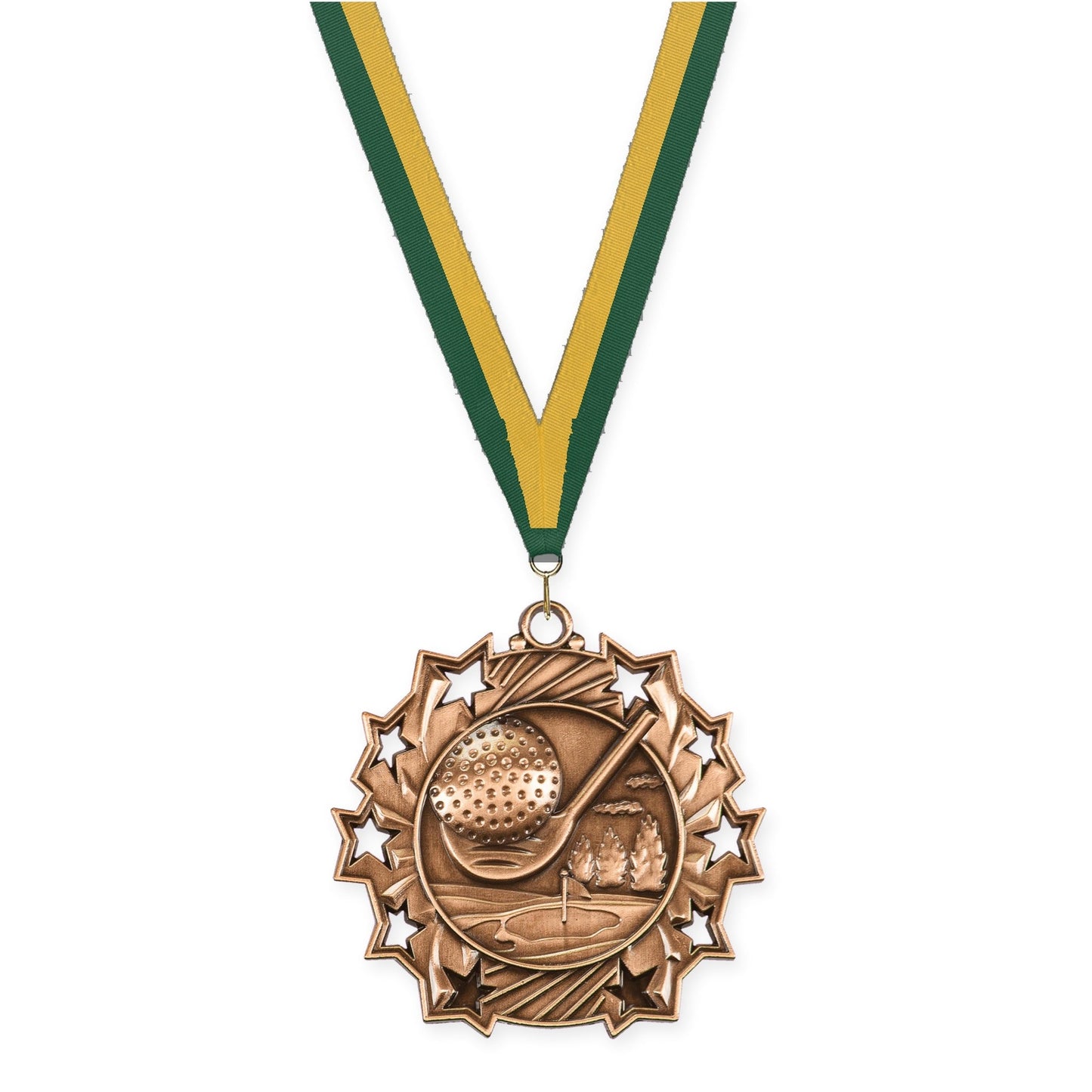 2 1/4 inch golf Ten Star medal in antique bronze with Hunter Green Gold neck ribbon