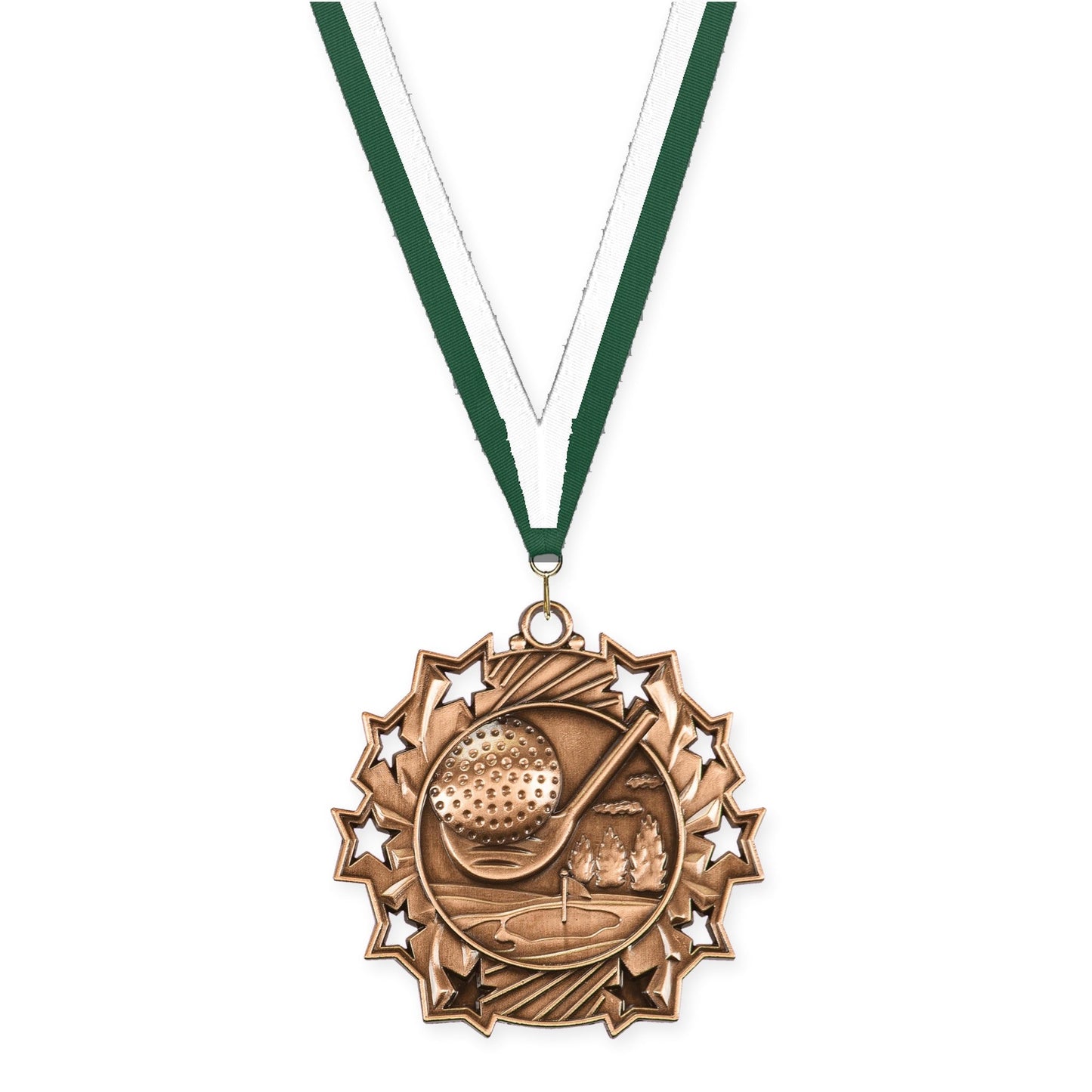 2 1/4 inch golf Ten Star medal in antique bronze with Hunter Green White neck ribbon