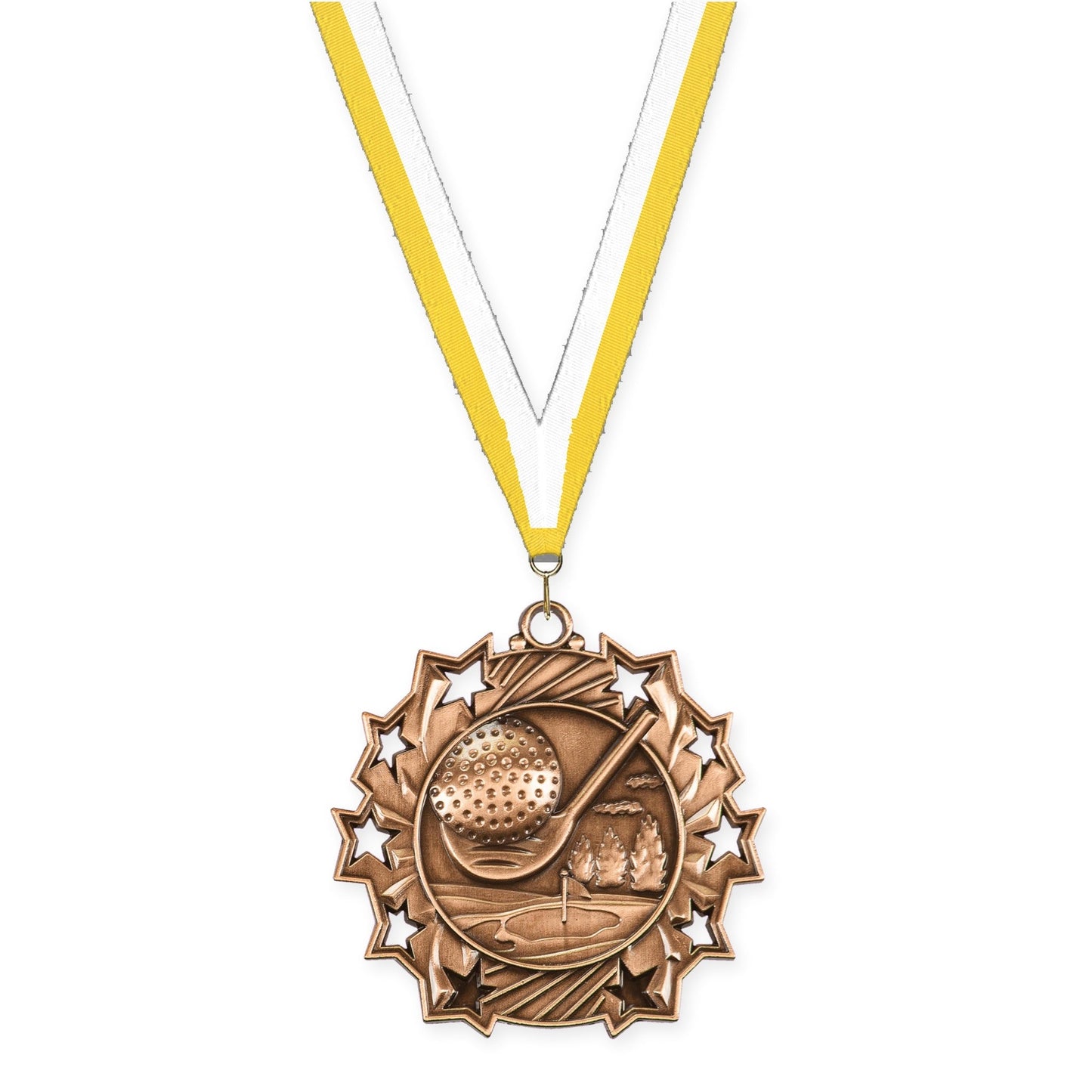 2 1/4 inch golf Ten Star medal in antique bronze with Yellow White neck ribbon