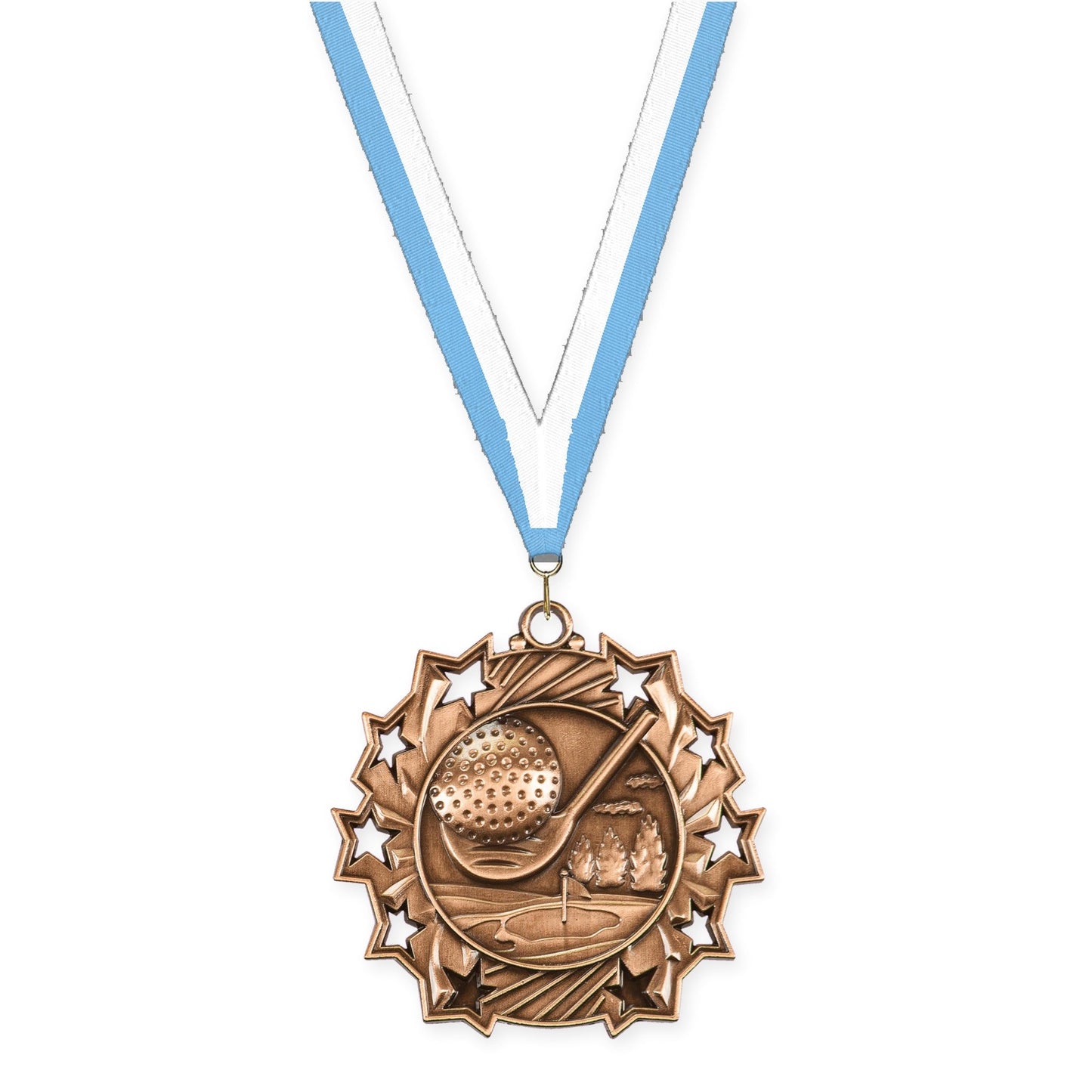 2 1/4 inch golf Ten Star medal in antique bronze with Light Blue White neck ribbon