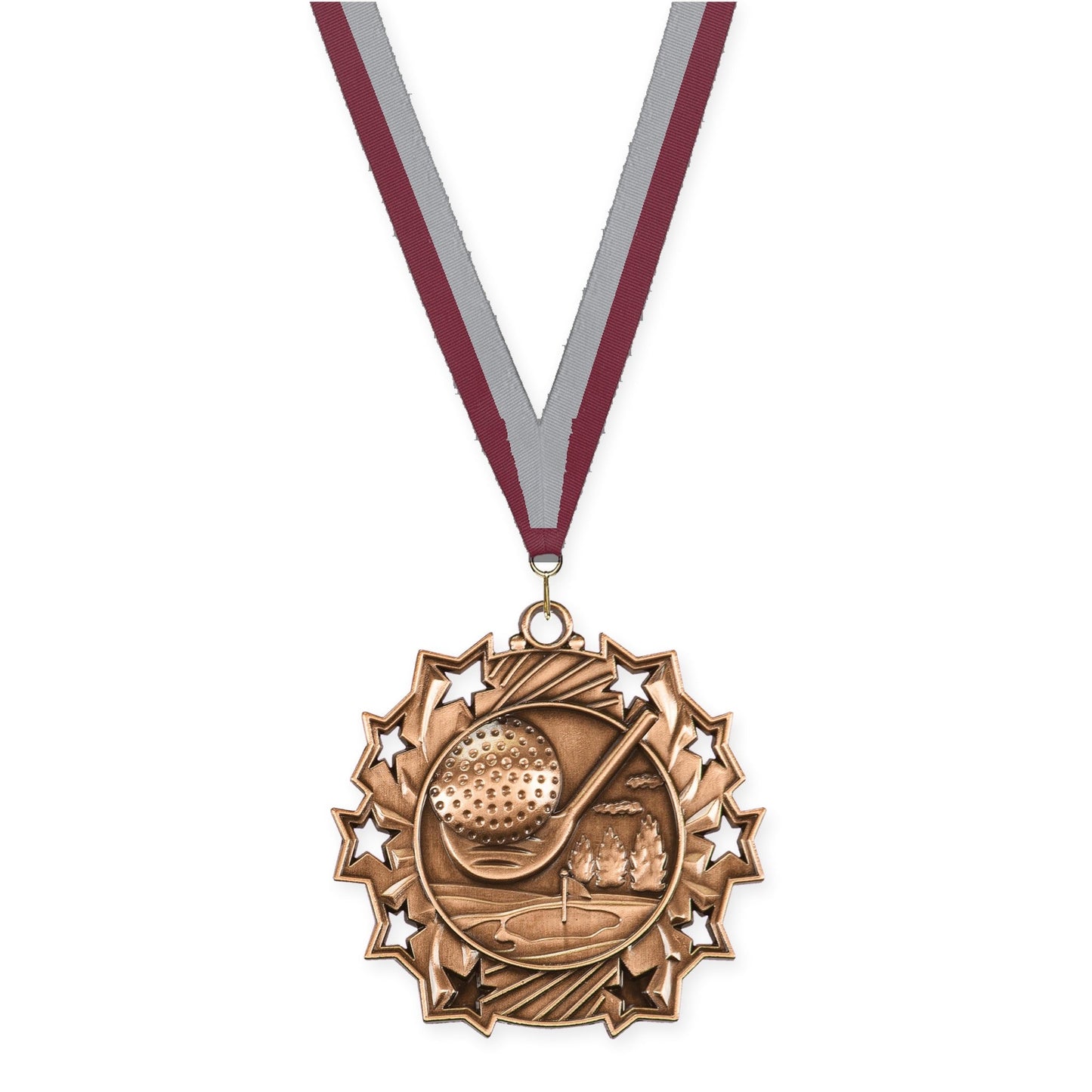 2 1/4 inch golf Ten Star medal in antique bronze with Maroon Gray neck ribbon