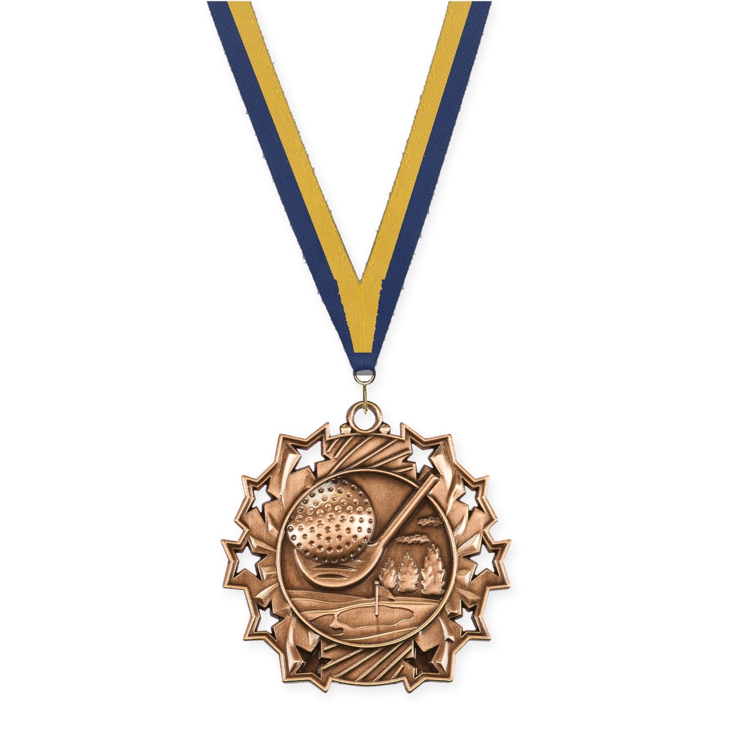 2 1/4 inch golf Ten Star medal in antique bronze with Navy Gold neck ribbon