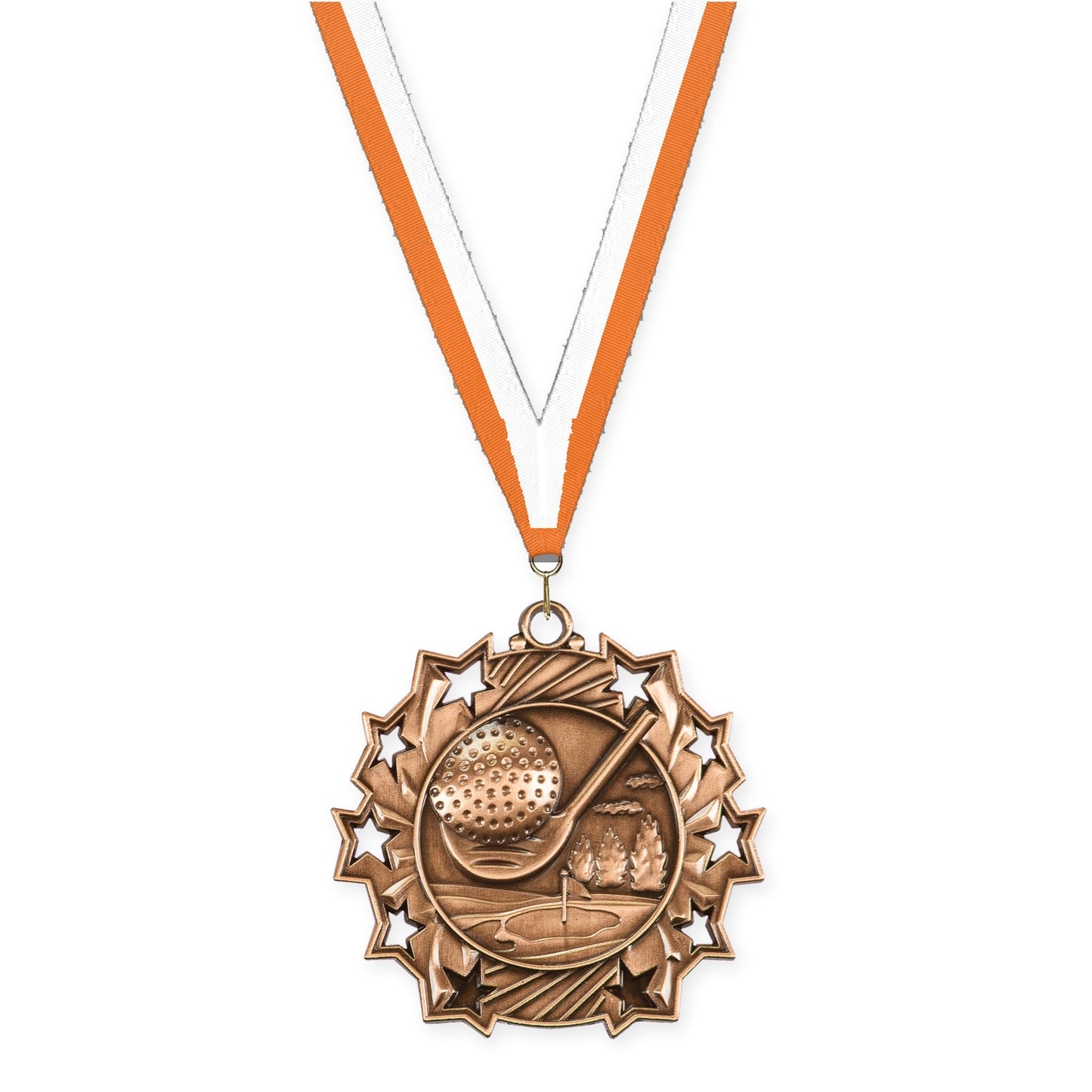 2 1/4 inch golf Ten Star medal in antique bronze with Orange White neck ribbon