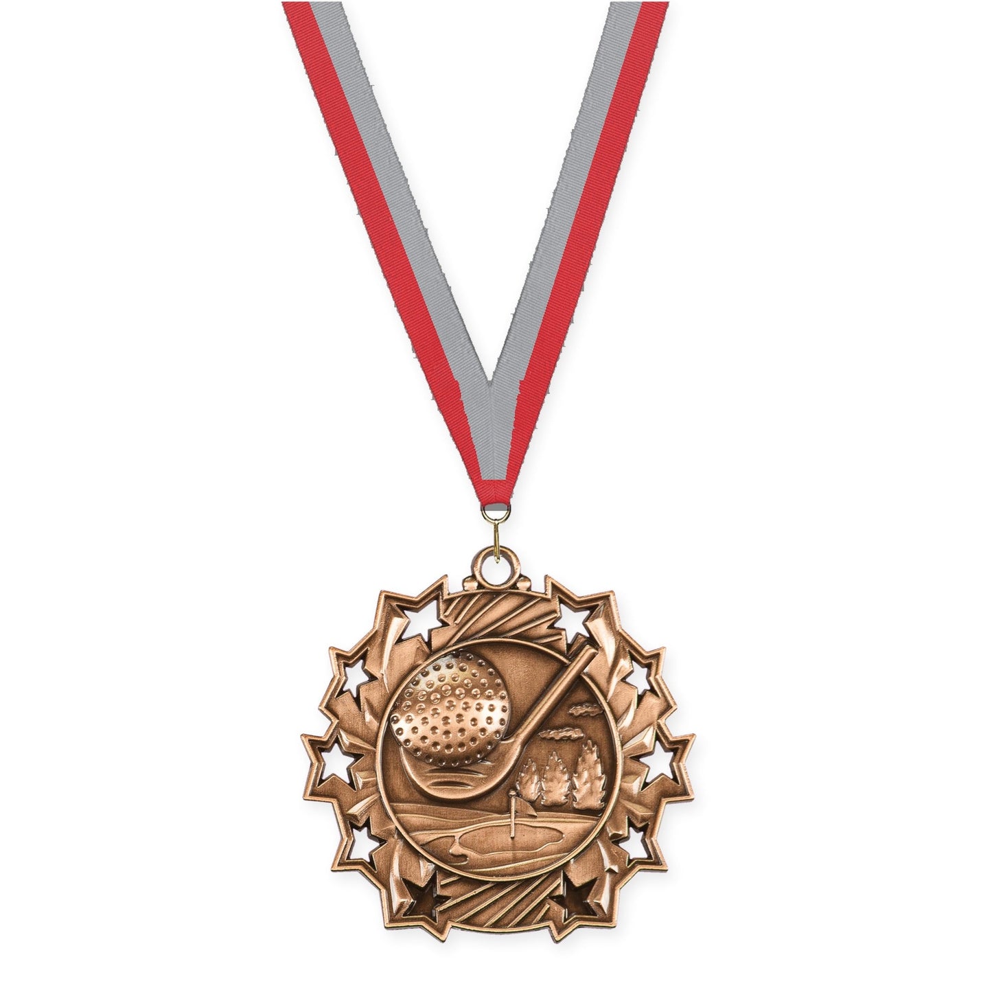 2 1/4 inch golf Ten Star medal in antique bronze with Red Gray neck ribbon