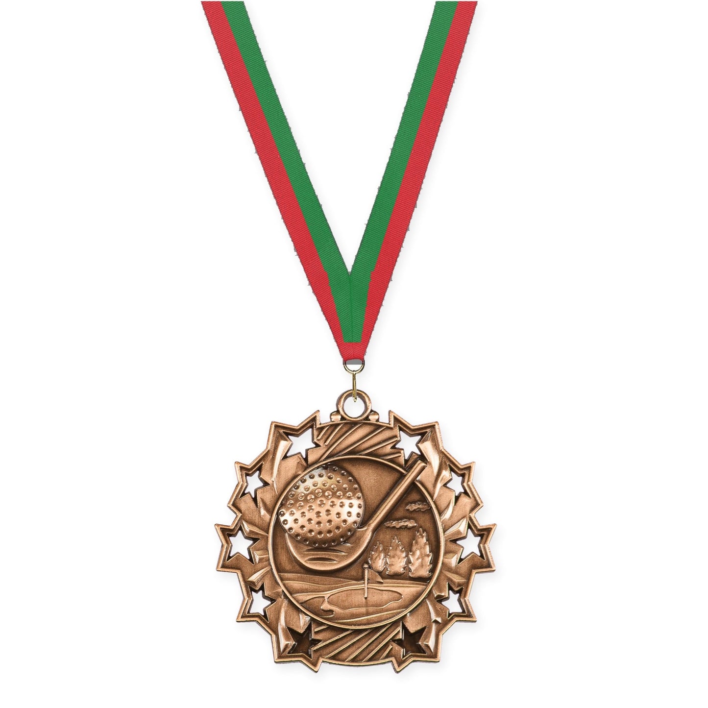 2 1/4 inch golf Ten Star medal in antique bronze with Red Green neck ribbon
