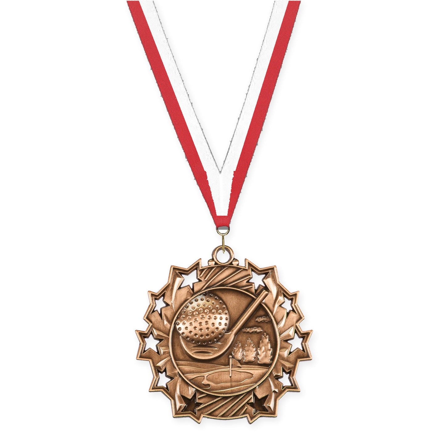 2 1/4 inch golf Ten Star medal in antique bronze with Red White neck ribbon