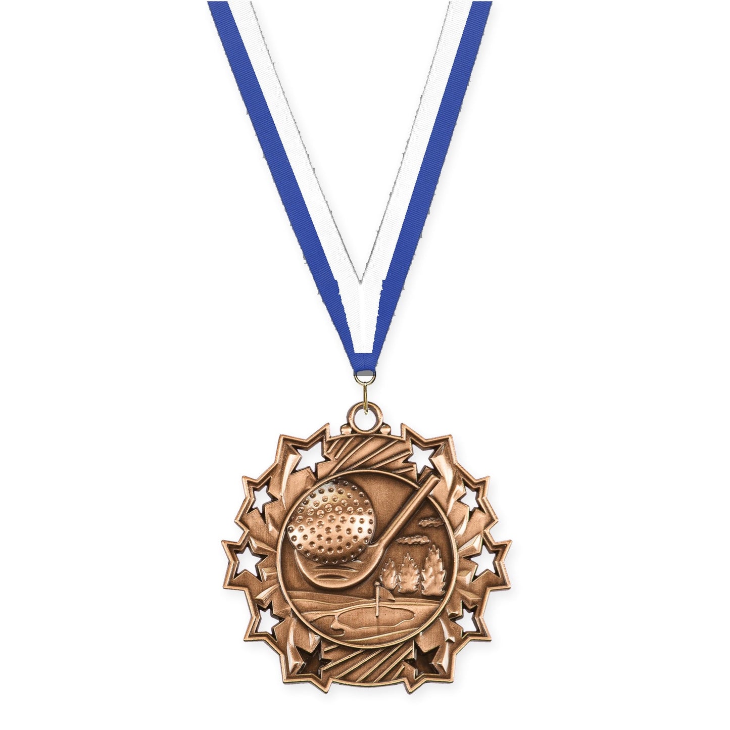 2 1/4 inch golf Ten Star medal in antique bronze with Blue White neck ribbon
