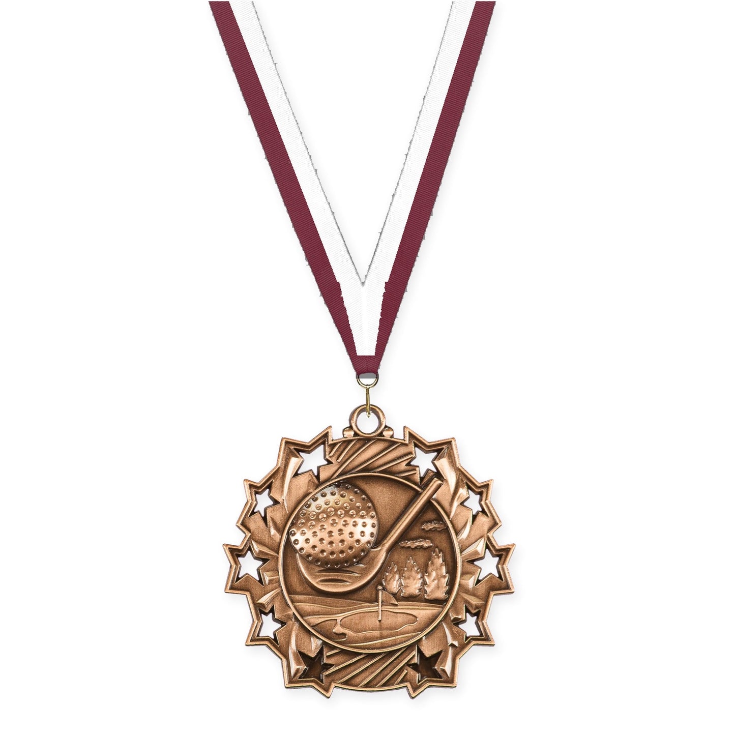 2 1/4 inch golf Ten Star medal in antique bronze with Maroon White neck ribbon