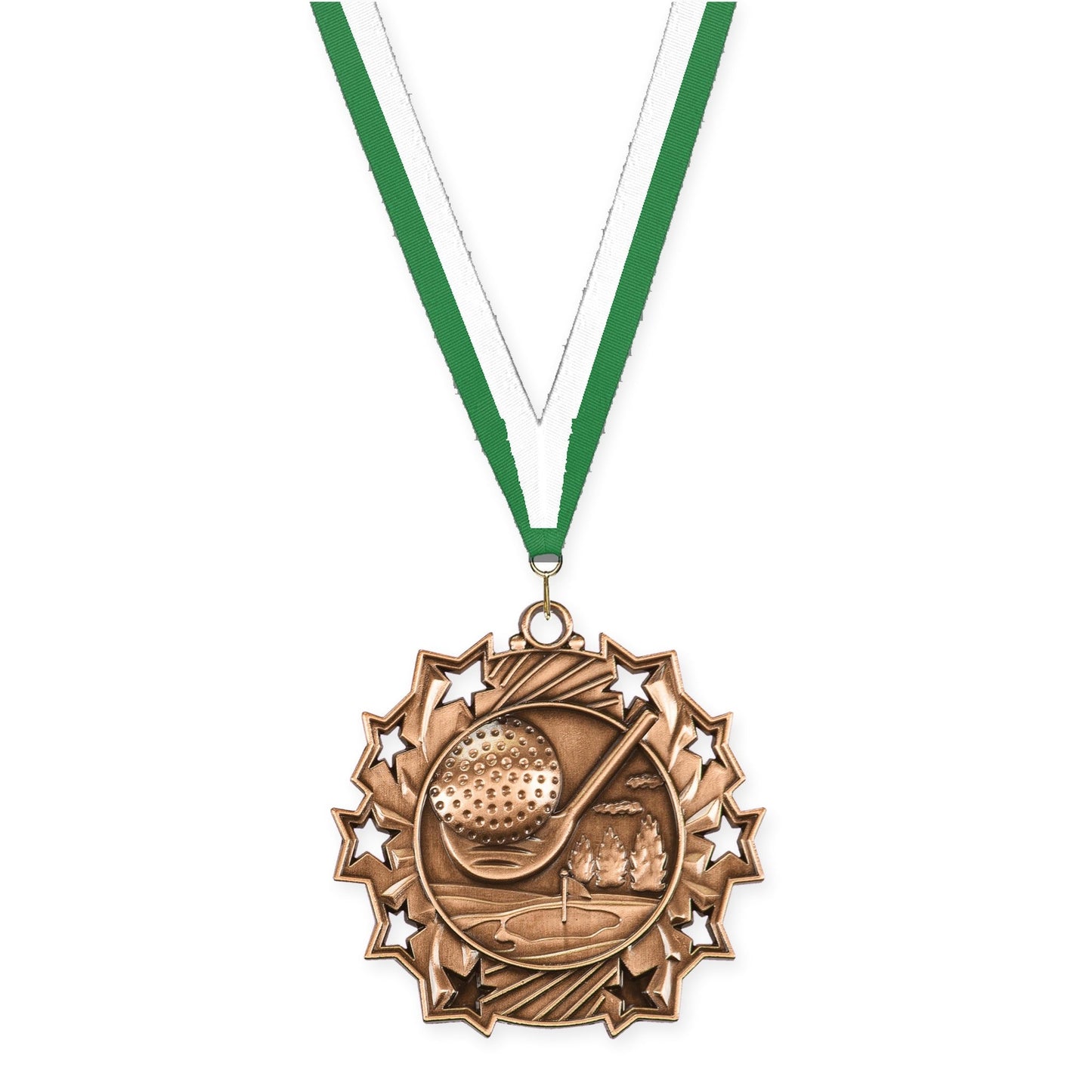 2 1/4 inch golf Ten Star medal in antique bronze with Green White neck ribbon
