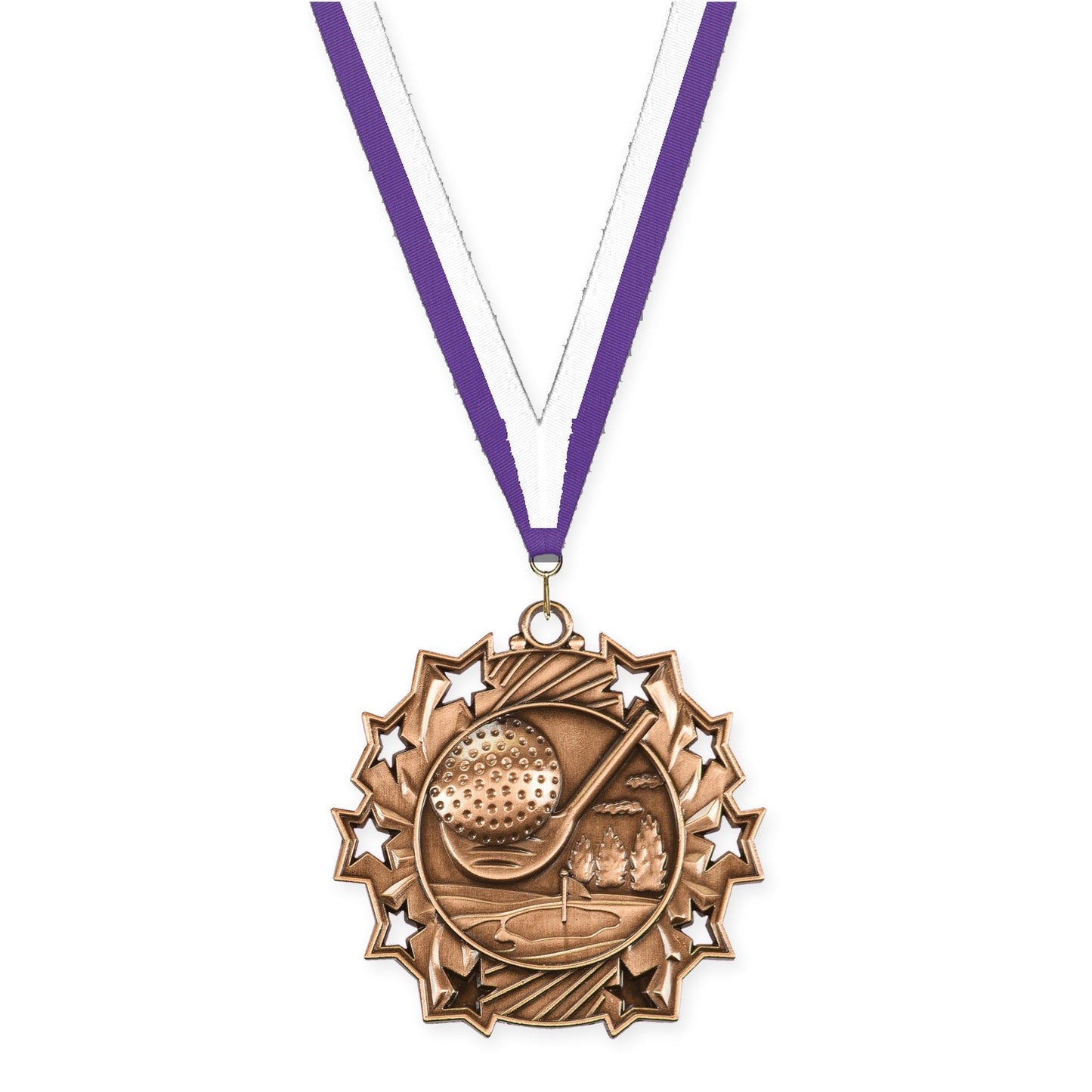 2 1/4 inch golf Ten Star medal in antique bronze with Purple White neck ribbon