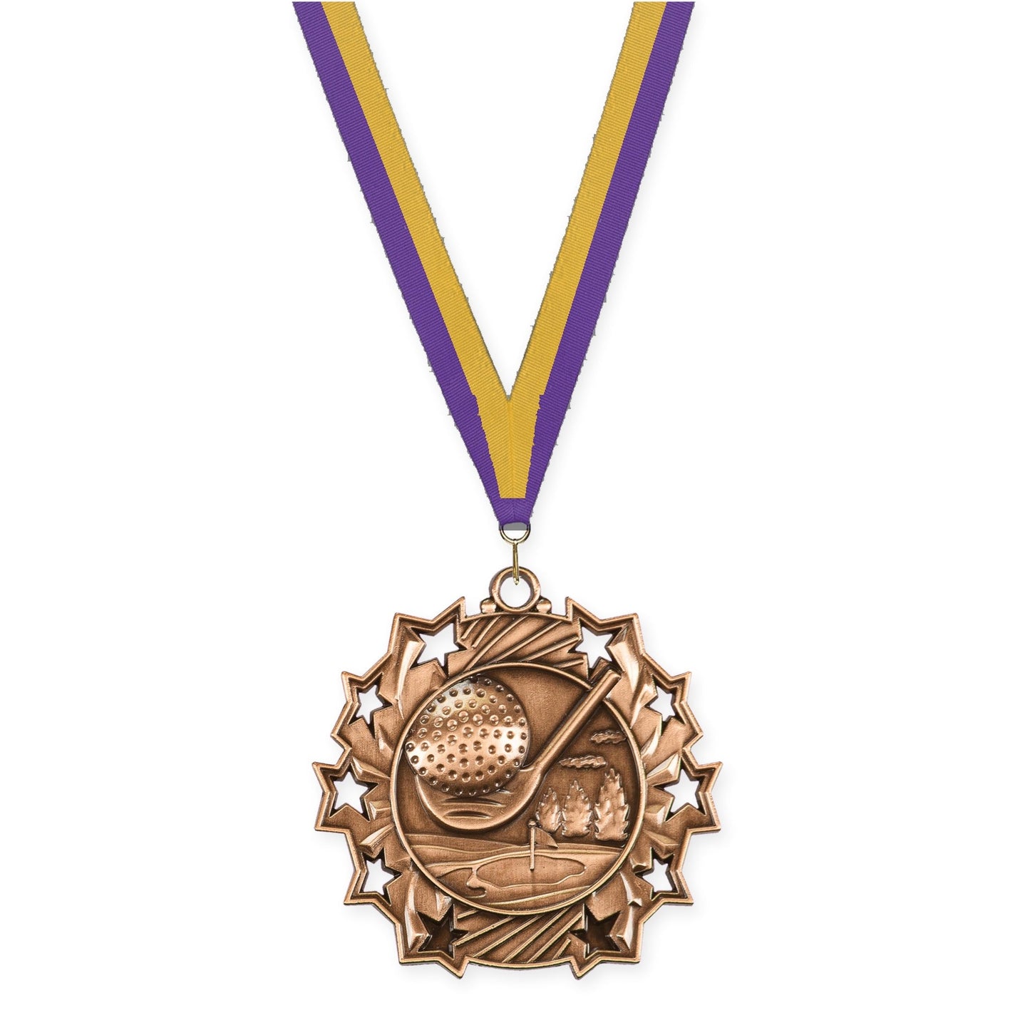 2 1/4 inch golf Ten Star medal in antique bronze with Purple Gold neck ribbon