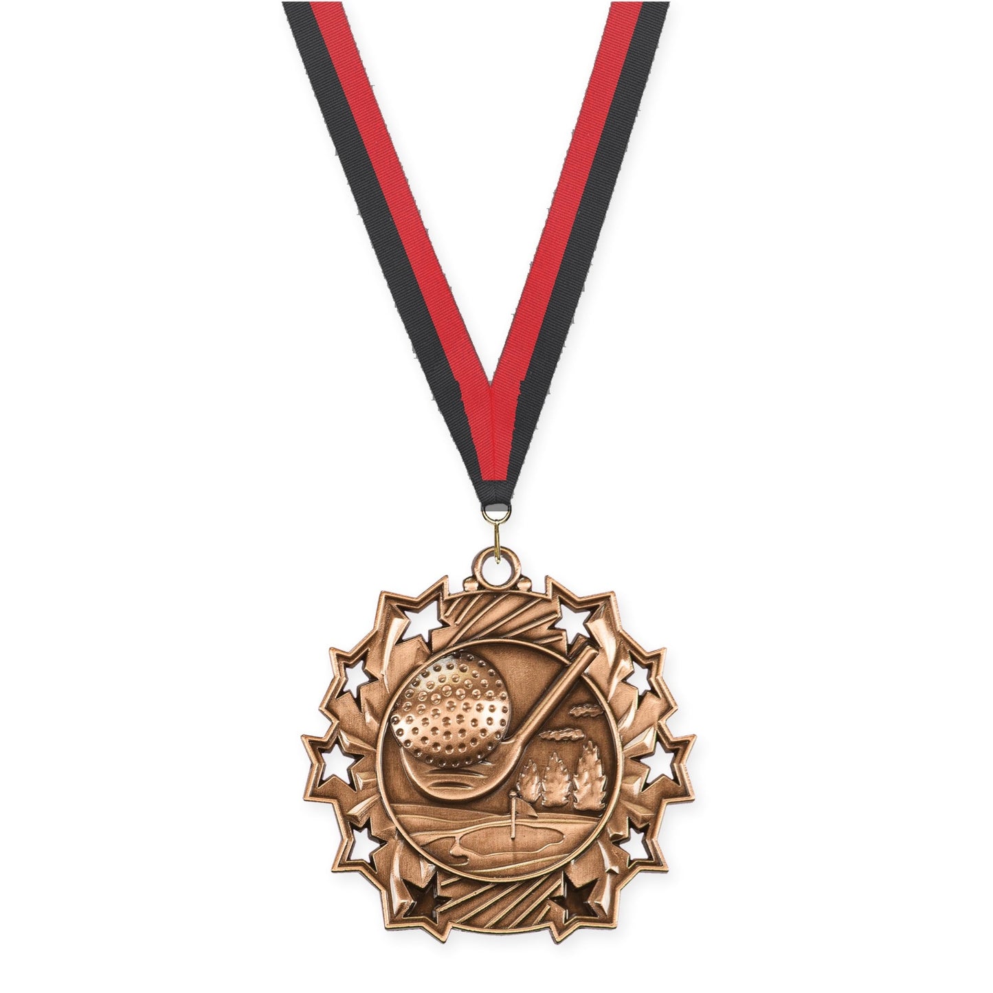 2 1/4 inch golf Ten Star medal in antique bronze with Black Red neck ribbon