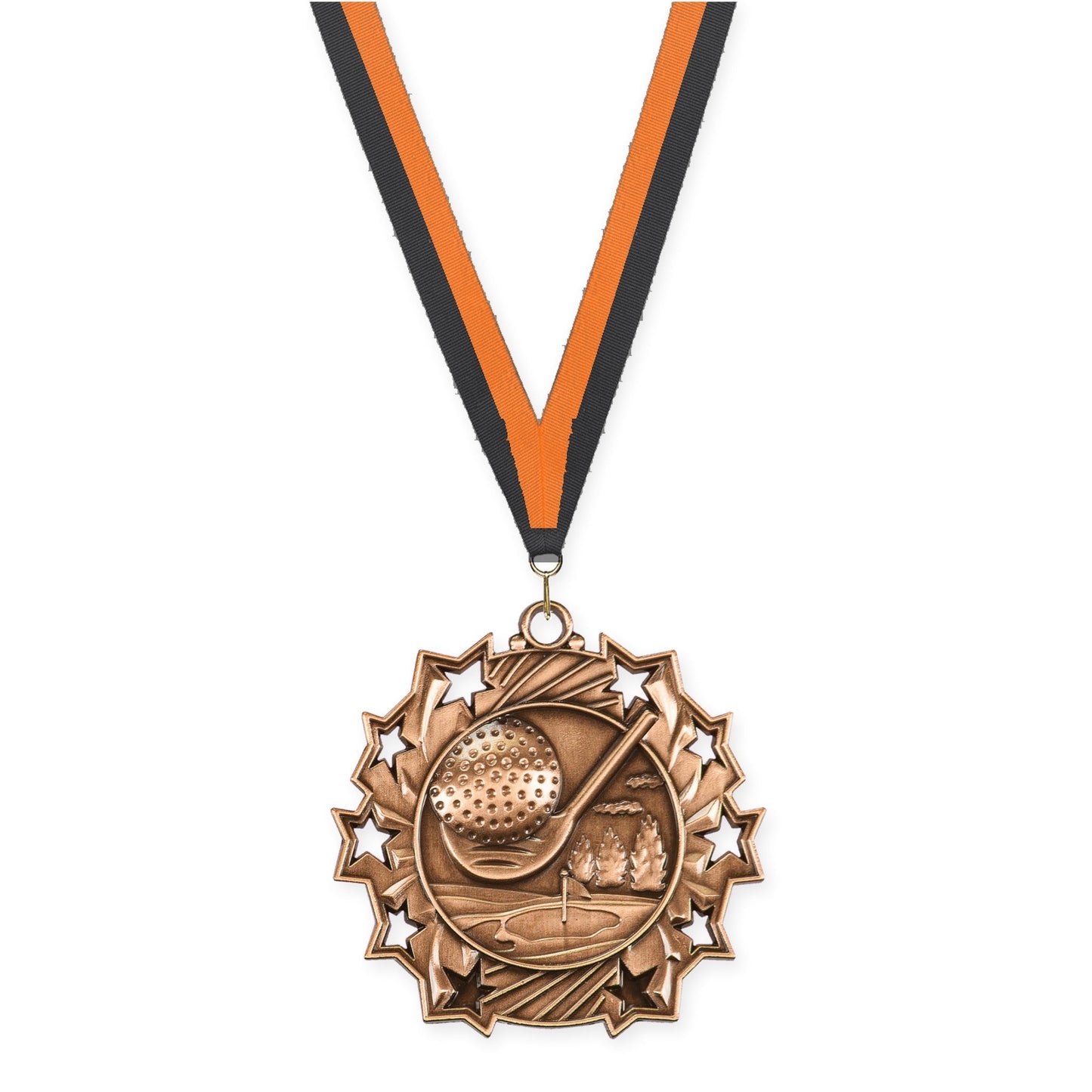 2 1/4 inch golf Ten Star medal in antique bronze with Black Orange neck ribbon
