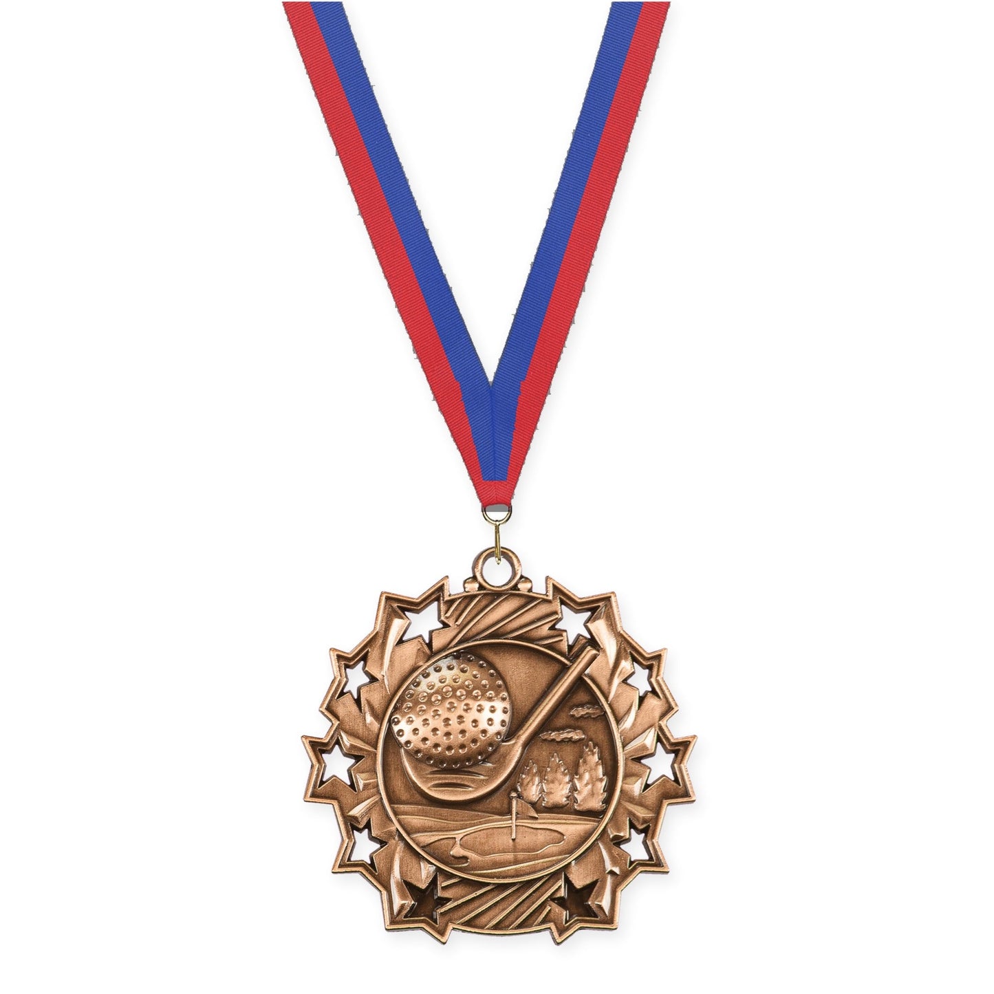 2 1/4 inch golf Ten Star medal in antique bronze with Blue Red neck ribbon