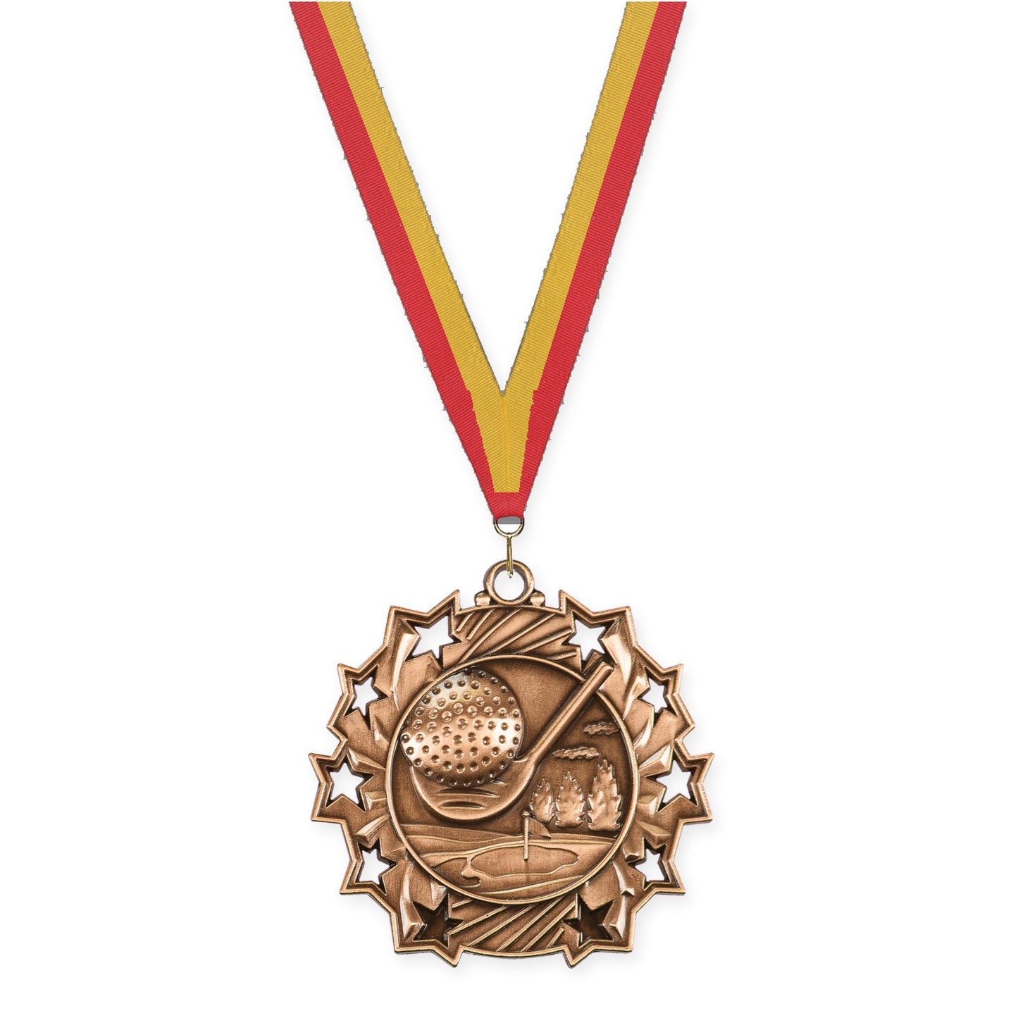 2 1/4 inch golf Ten Star medal in antique bronze with Red Gold neck ribbon
