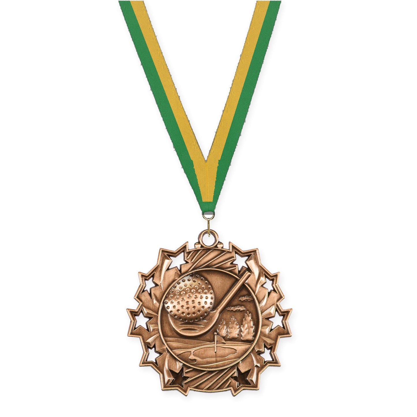 2 1/4 inch golf Ten Star medal in antique bronze with Green Gold neck ribbon