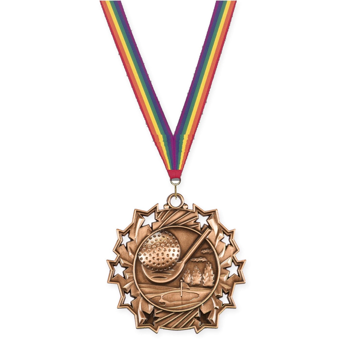 2 1/4 inch golf Ten Star medal in antique bronze with Rainbow neck ribbon