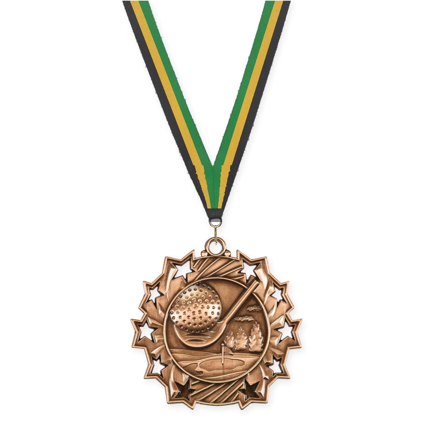 2 1/4 inch golf Ten Star medal in antique bronze with Black Gold Green neck ribbon