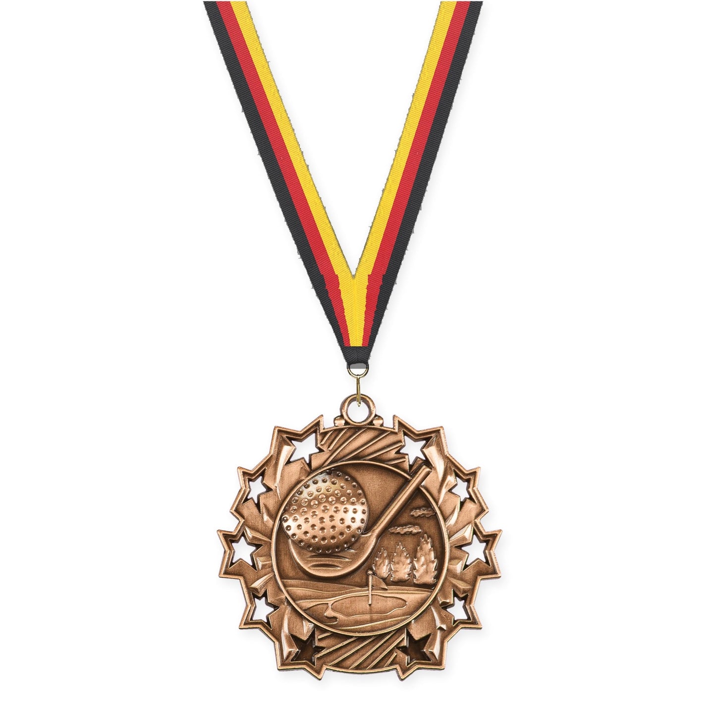 2 1/4 inch golf Ten Star medal in antique bronze with Black Red Yellow neck ribbon