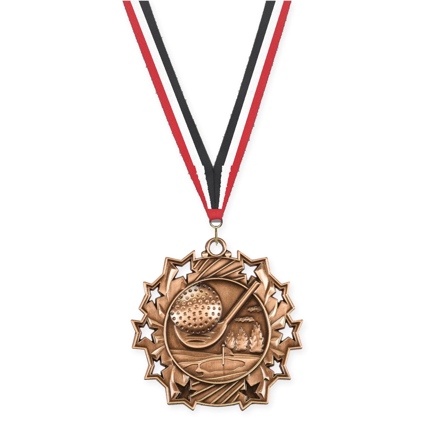 2 1/4 inch golf Ten Star medal in antique bronze with Red White Black neck ribbon