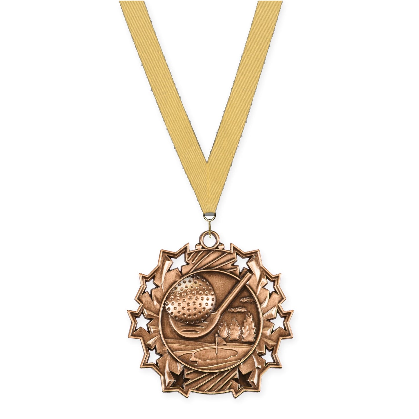 2 1/4 inch golf Ten Star medal in antique bronze with Gold Metallic neck ribbon