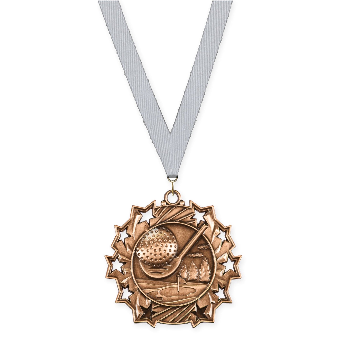 2 1/4 inch golf Ten Star medal in antique bronze with Silver Metallic neck ribbon