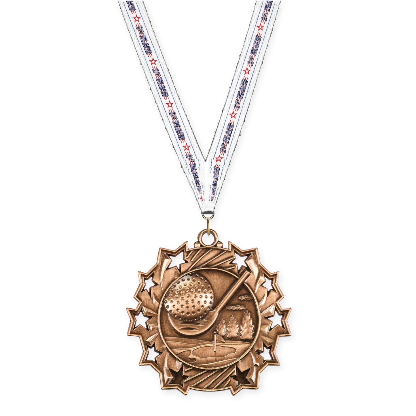 2 1/4 inch golf Ten Star medal in antique bronze with 1st Place neck ribbon