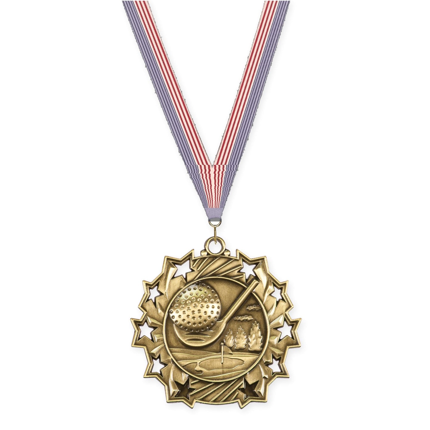 2 1/4 inch golf Ten Star medal in antique gold with USA Flag neck ribbon
