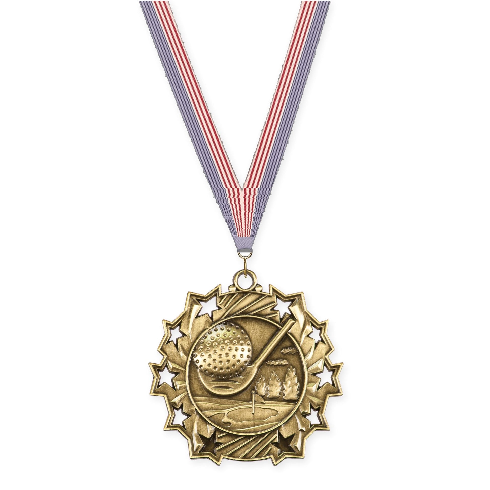 2 1/4 inch golf Ten Star medal in antique gold with USA Flag neck ribbon