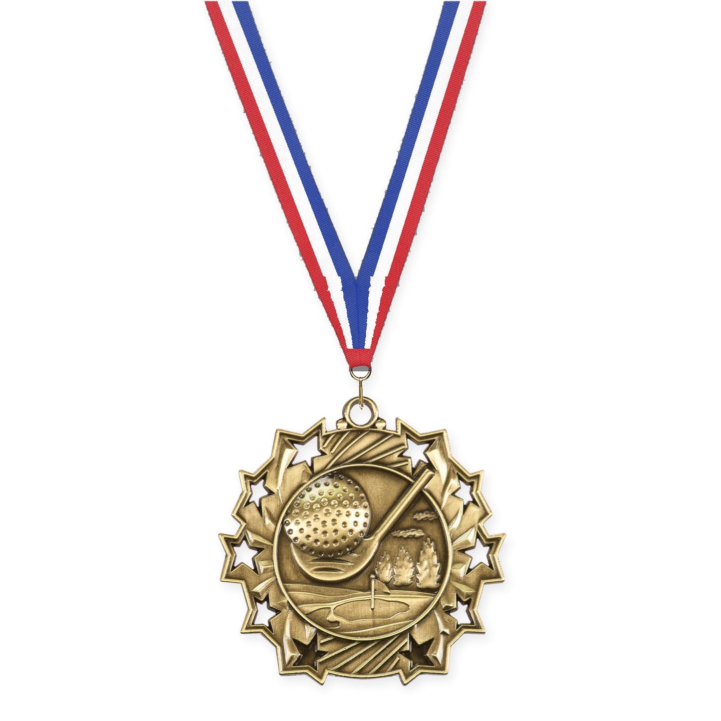 2 1/4 inch golf Ten Star medal in antique gold with Red White Blue neck ribbon