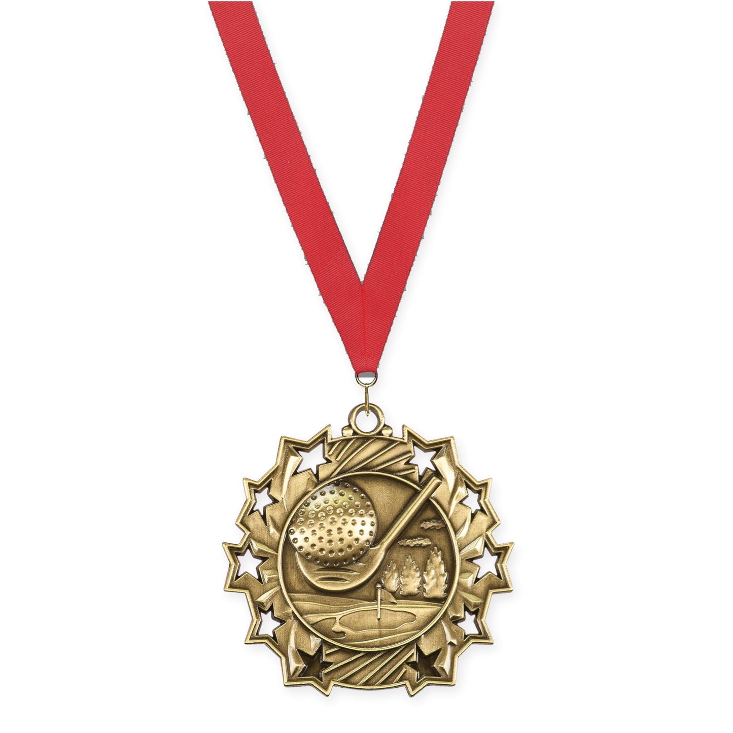 2 1/4 inch golf Ten Star medal in antique gold with Red neck ribbon