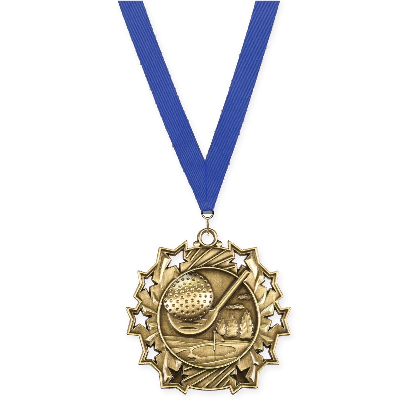 2 1/4 inch golf Ten Star medal in antique gold with Blue neck ribbon
