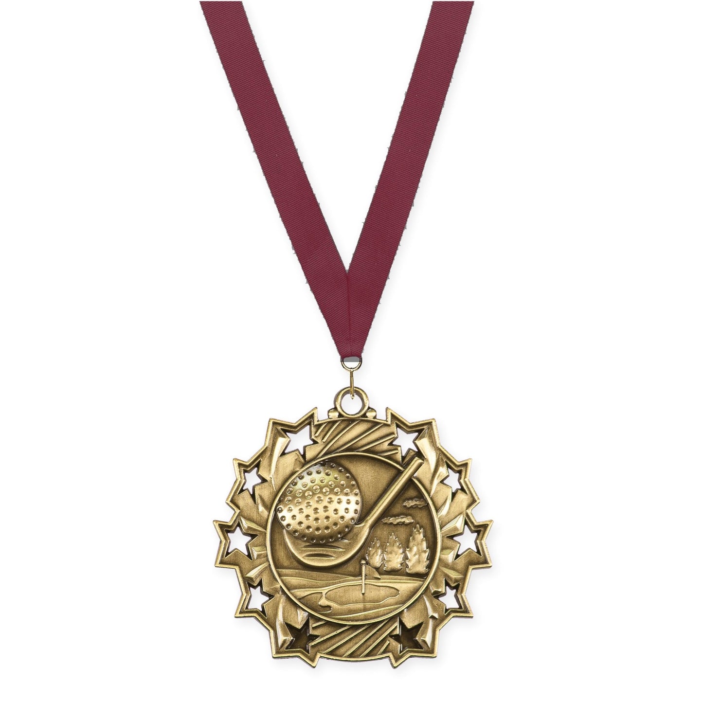 2 1/4 inch golf Ten Star medal in antique gold with Maroon neck ribbon