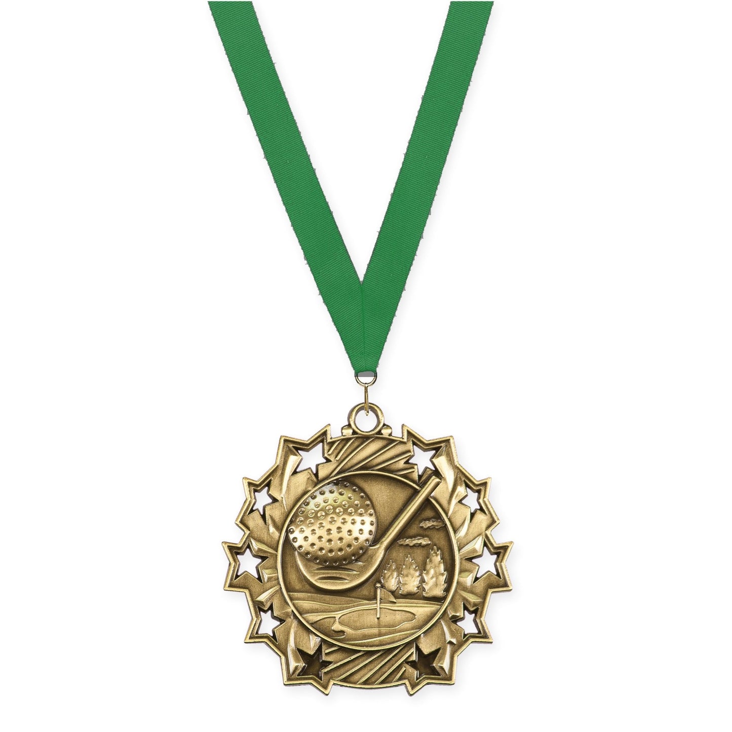 2 1/4 inch golf Ten Star medal in antique gold with Green neck ribbon