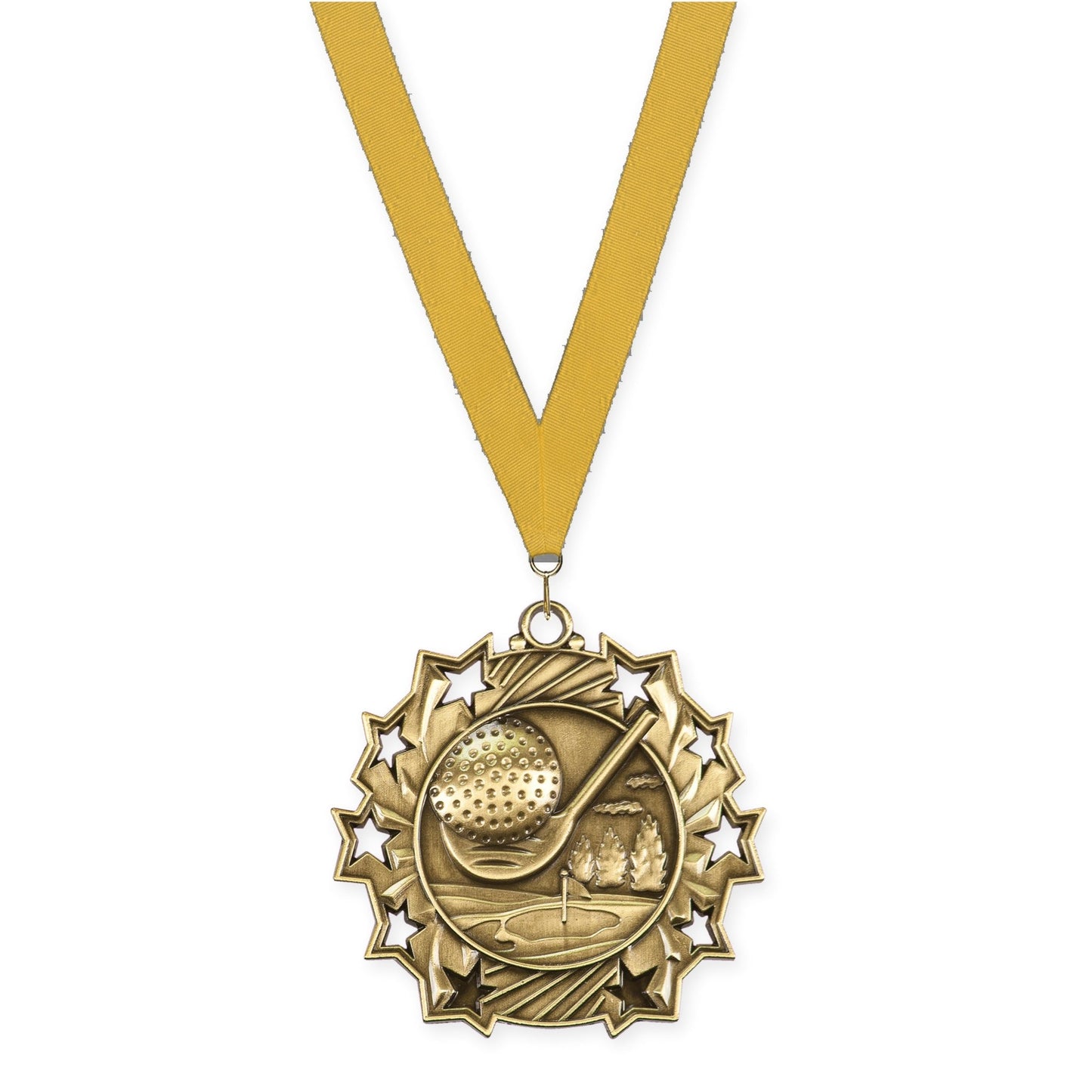 2 1/4 inch golf Ten Star medal in antique gold with Gold neck ribbon