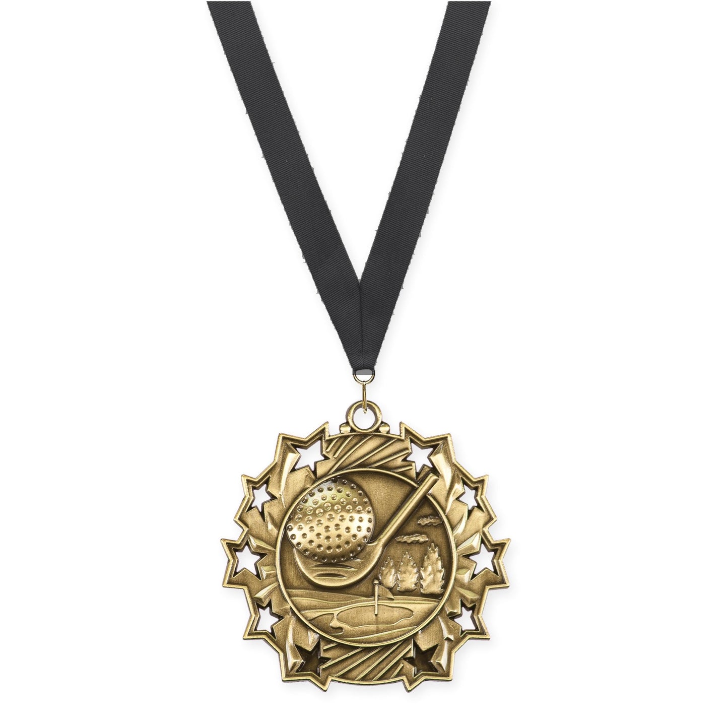 2 1/4 inch golf Ten Star medal in antique gold with Black neck ribbon