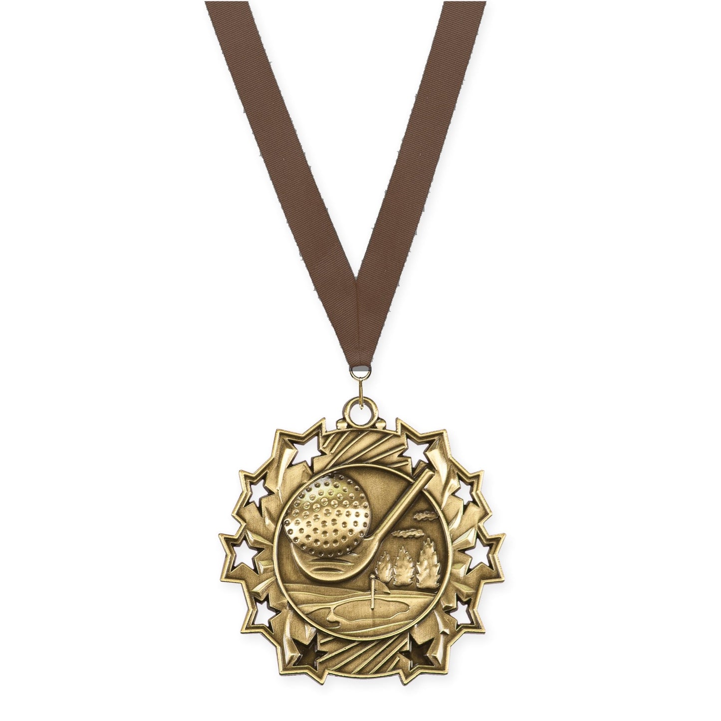 2 1/4 inch golf Ten Star medal in antique gold with Brown neck ribbon
