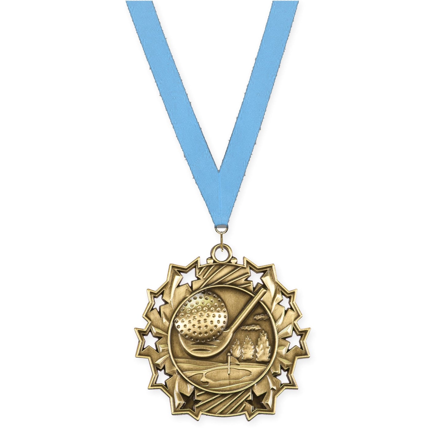 2 1/4 inch golf Ten Star medal in antique gold with Light Blue neck ribbon