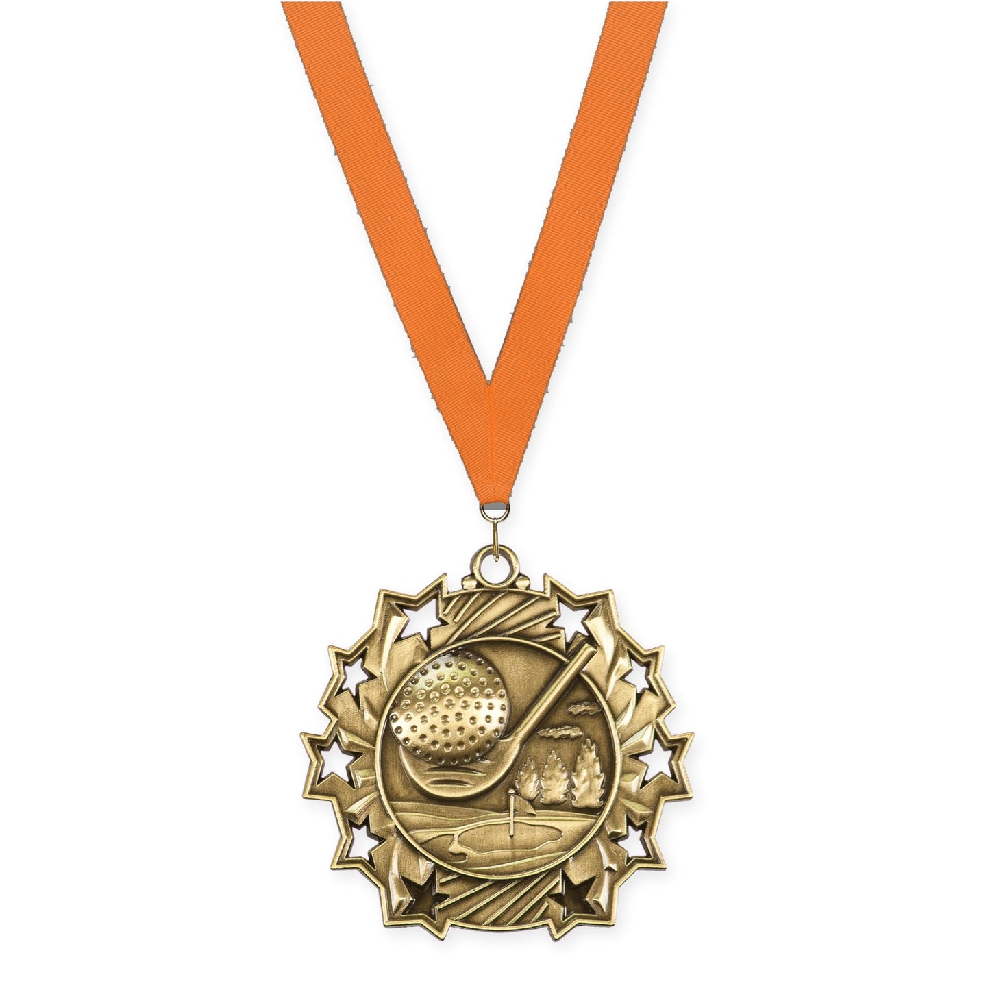 2 1/4 inch golf Ten Star medal in antique gold with Orange neck ribbon