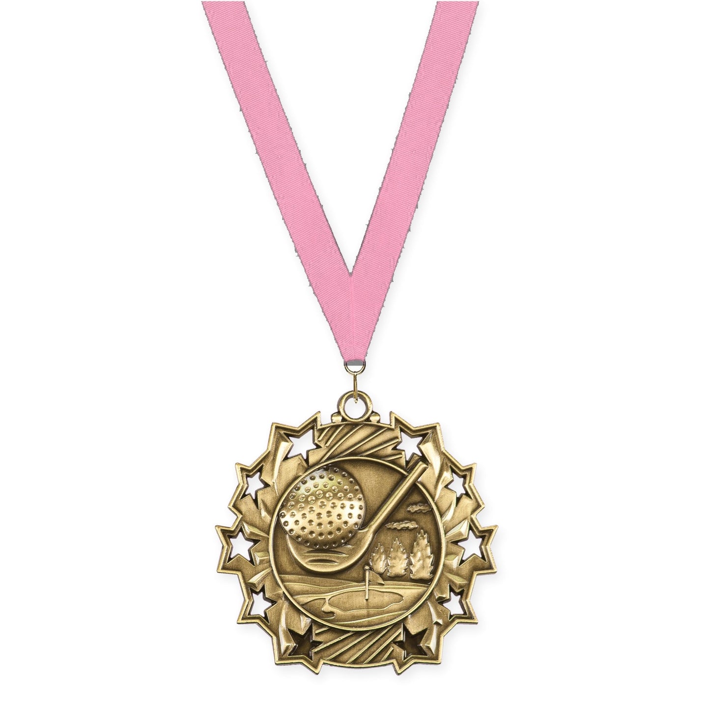 2 1/4 inch golf Ten Star medal in antique gold with Pink neck ribbon